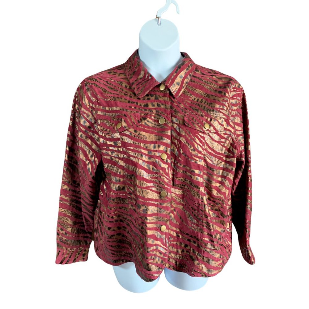 Birch Hill Jacket Womens Plus Size 1X Burgundy Gold Metallic Leopard Zebra Print